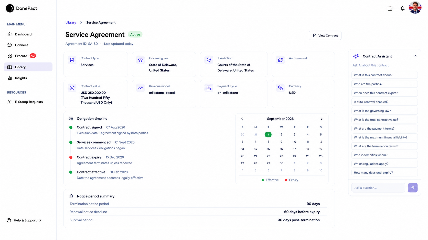 Contract metadata and obligations tracked in a structured way